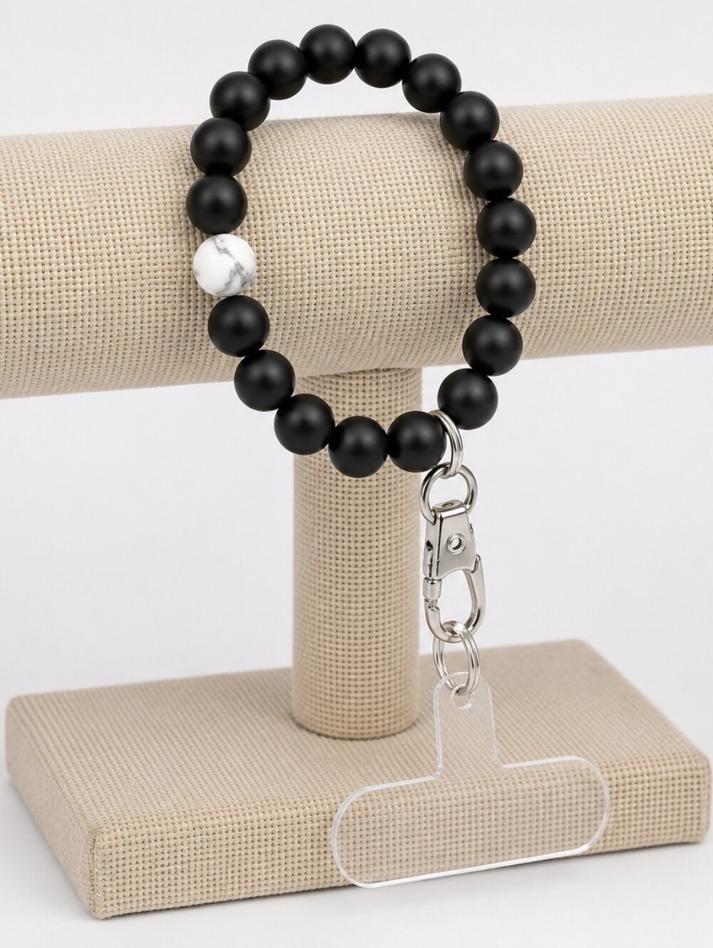6.5" Black Beaded Crystal Phone Lanyard Wristlet Bracelet Silver Clasp